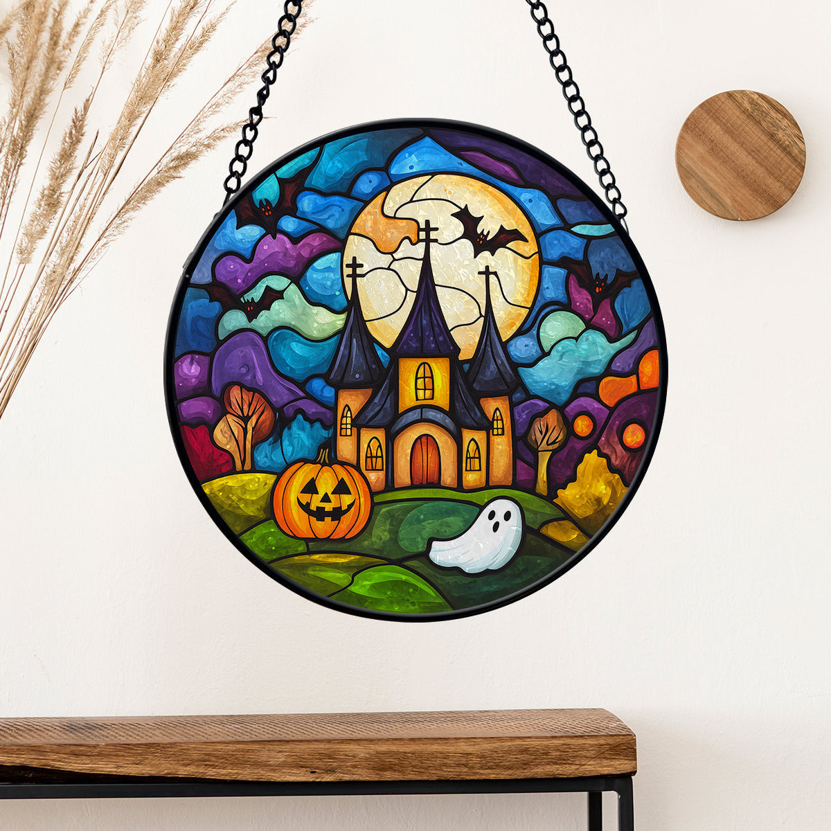 Halloween Faux Stained Glass Suncatcher Window Hanging, Halloween Boo Pumpkin Faux Stained Glass Suncatcher Printed, Halloween Suncatcher Home Decor
