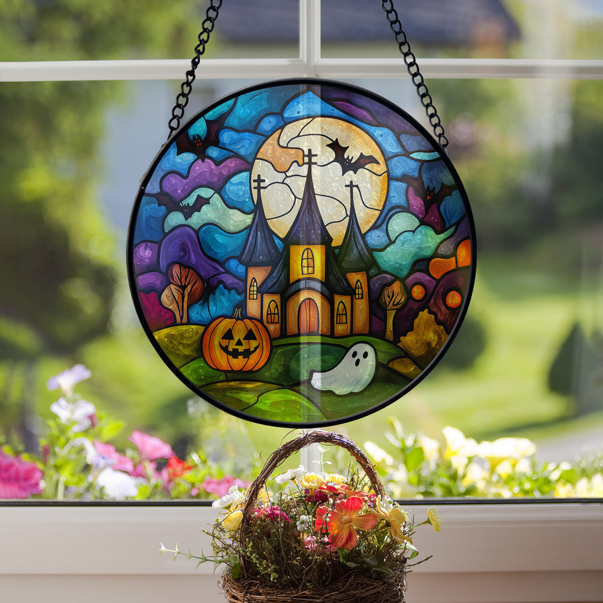Halloween Faux Stained Glass Suncatcher Window Hanging, Halloween Boo Pumpkin Faux Stained Glass Suncatcher Printed, Halloween Suncatcher Home Decor