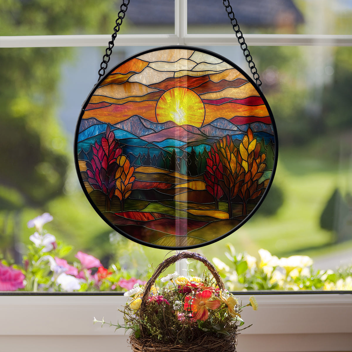 Mountain Range Faux Stained Glass Suncatcher Window Hanging Decor, Sunset Valley Fall Suncatcher, Faux Stained Glass Suncatcher Hanging Home Decor
