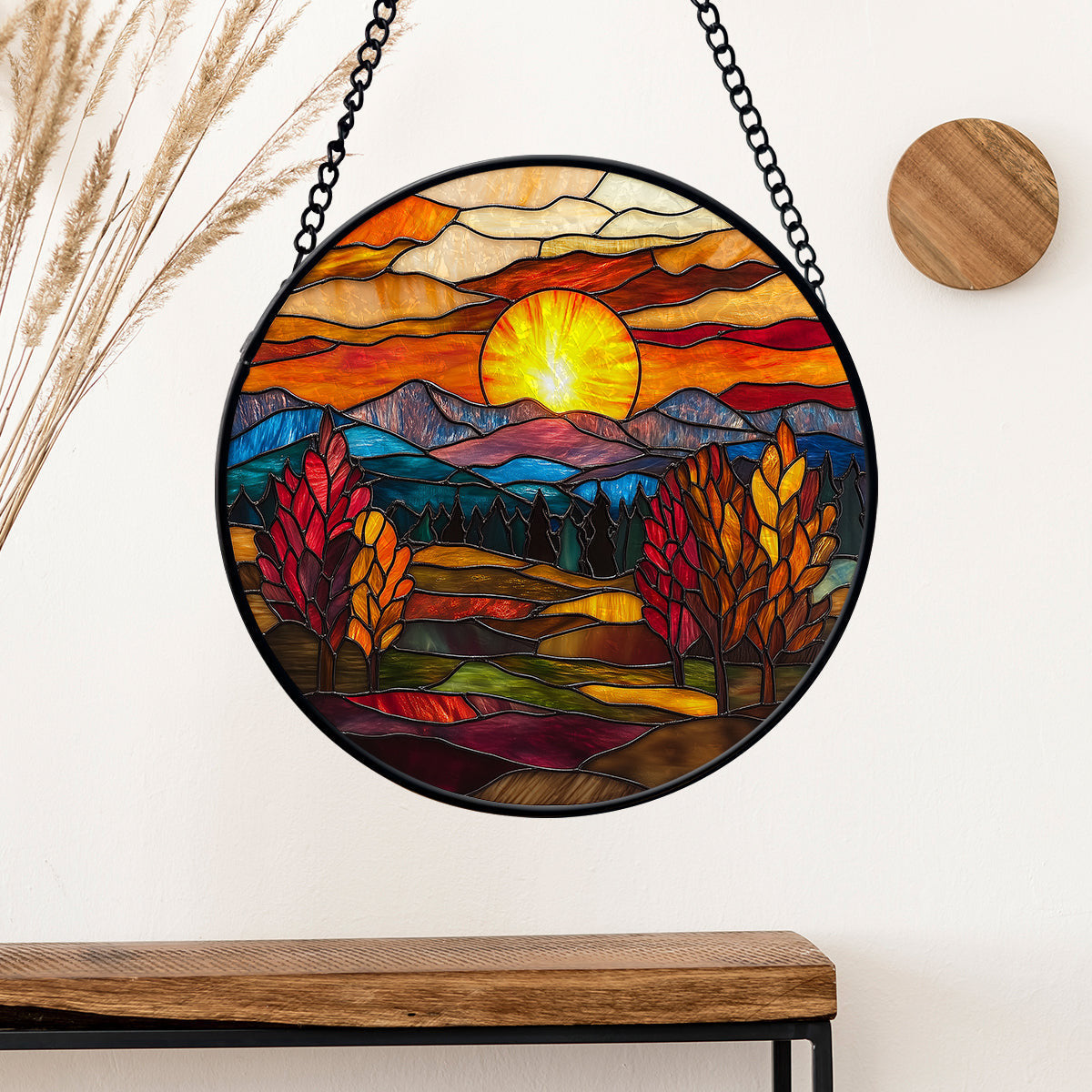 Mountain Range Faux Stained Glass Suncatcher Window Hanging Decor, Sunset Valley Fall Suncatcher, Faux Stained Glass Suncatcher Hanging Home Decor