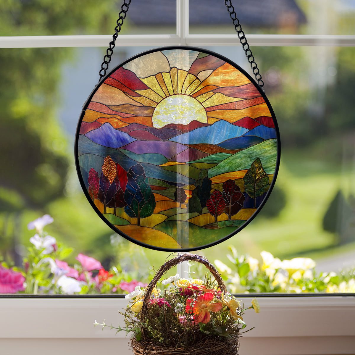 Panacile |Sunset Valley Fall Faux Stained Glass Suncatcher Printed, Mountain Range Faux Stained Glass Suncatcher Window Hanging Decor