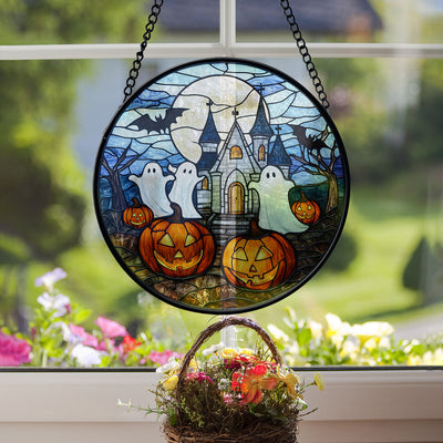 Halloween Faux Stained Glass Suncatcher Window Hanging, Halloween Boo Pumpkin Suncatcher Faux Stained Glass Suncatcher Printed, Halloween Decoration Gift