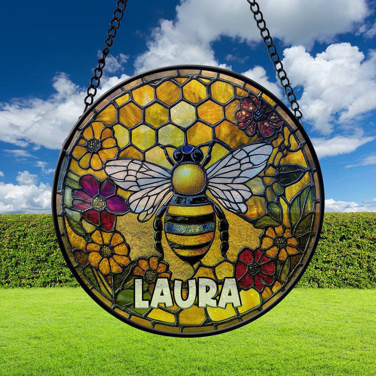 Personalized Name Flowers Faux Stained Glass Suncatcher, Bee Faux Stained Glass Suncatcher Printed Suncatcher Window Hanging Home Decor