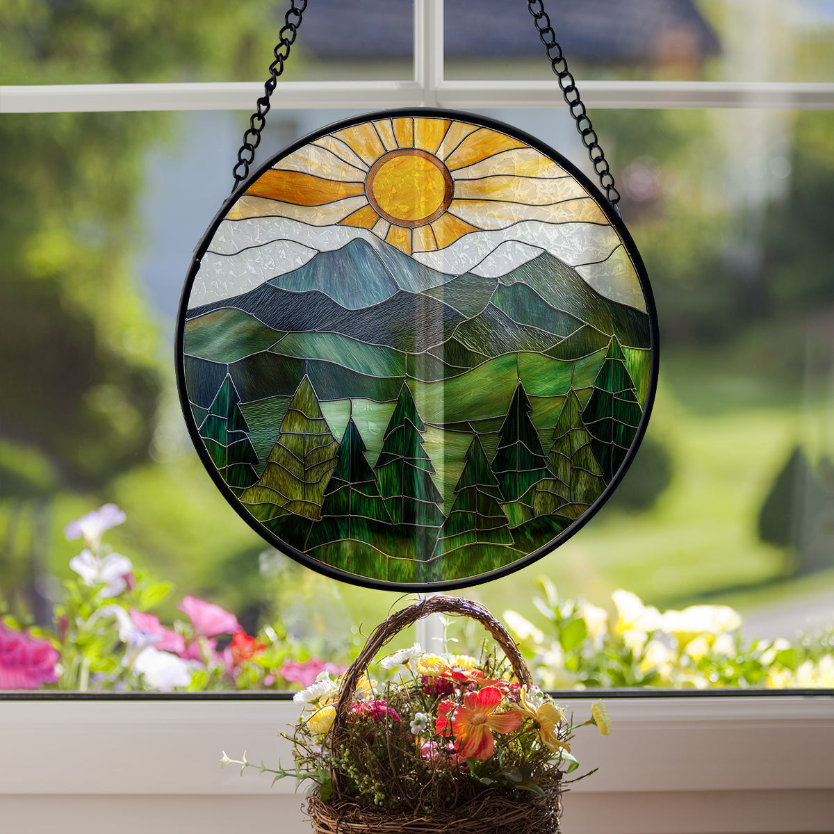 Mountain Sunrise Faux Stained Glass Suncatcher Window Hanging Decor, Mountain Green Faux Stained Glass Suncatcher Hanging Home Decor