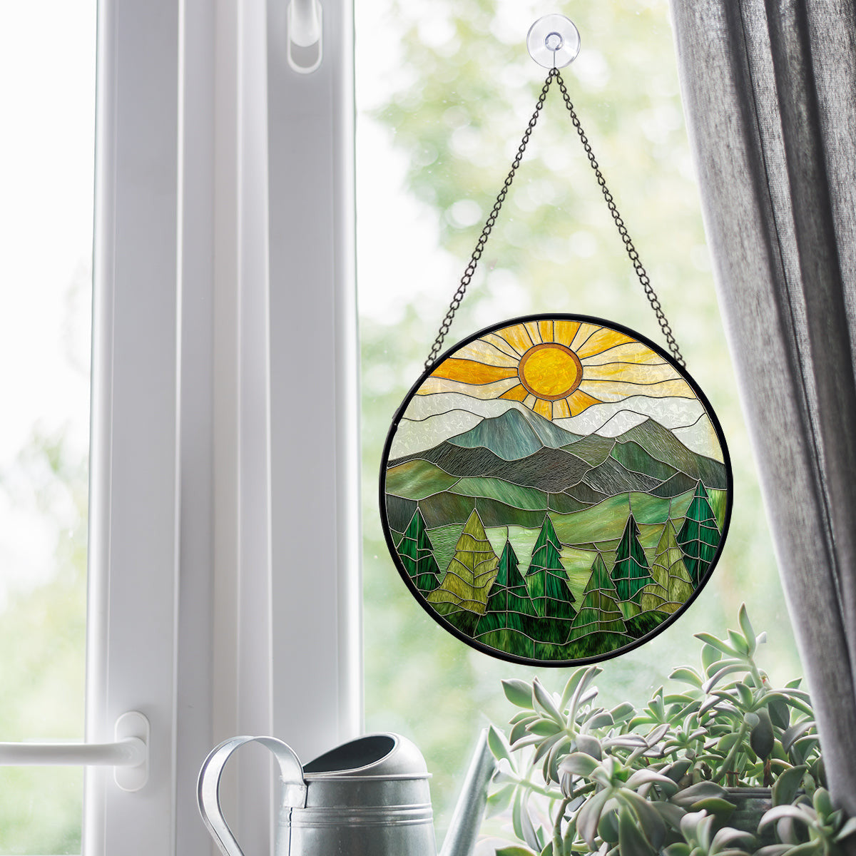 Mountain Sunrise Faux Stained Glass Suncatcher Window Hanging Decor, Mountain Green Faux Stained Glass Suncatcher Hanging Home Decor