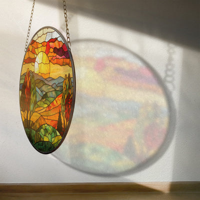 Mountain Sunset Faux Stained Glass Suncatcher Window Hanging Decor, Sunset Faux Stained Glass Suncatcher Hanging Home Decor, Outdoor Suncatcher