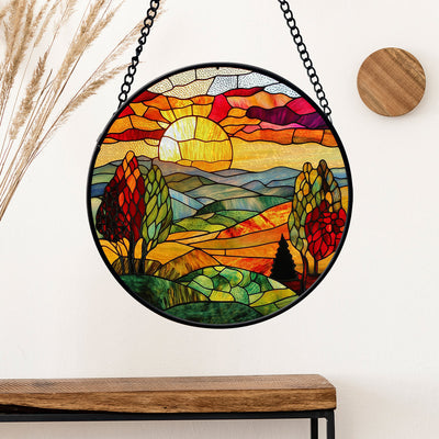 Mountain Sunset Faux Stained Glass Suncatcher Window Hanging Decor, Sunset Faux Stained Glass Suncatcher Hanging Home Decor, Outdoor Suncatcher