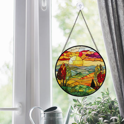 Mountain Sunset Faux Stained Glass Suncatcher Window Hanging Decor, Sunset Faux Stained Glass Suncatcher Hanging Home Decor, Outdoor Suncatcher