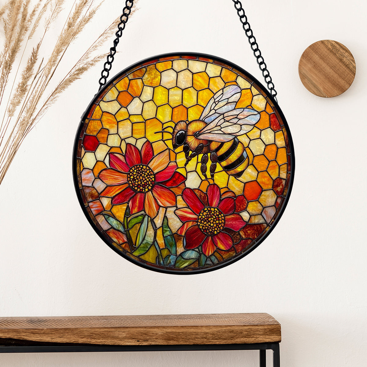 Yellow Suncatcher Honeycomb Faux Stained Glass Suncatcher Home House Decor, Beehive And Flower Faux Stained Glass Suncatcher Window Hanging