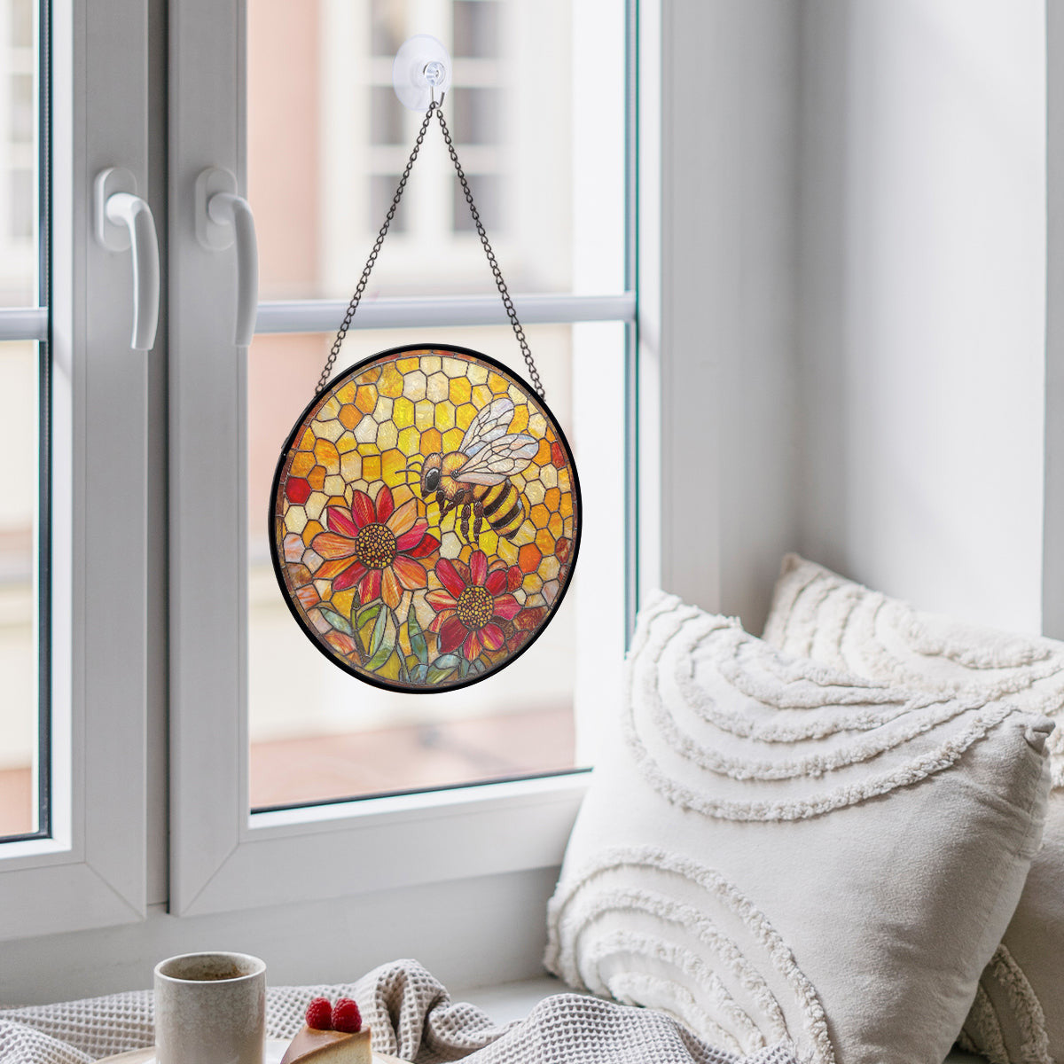 Yellow Suncatcher Honeycomb Faux Stained Glass Suncatcher Home House Decor, Beehive And Flower Faux Stained Glass Suncatcher Window Hanging