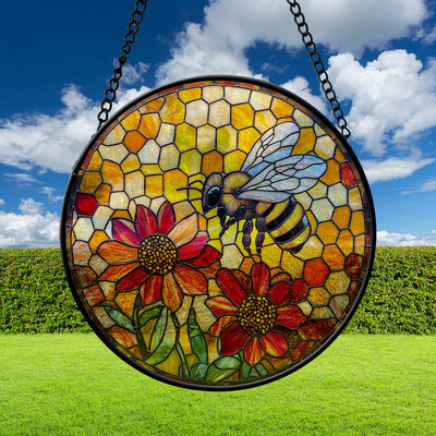 Yellow Suncatcher Honeycomb Faux Stained Glass Suncatcher Home House Decor, Beehive And Flower Faux Stained Glass Suncatcher Window Hanging