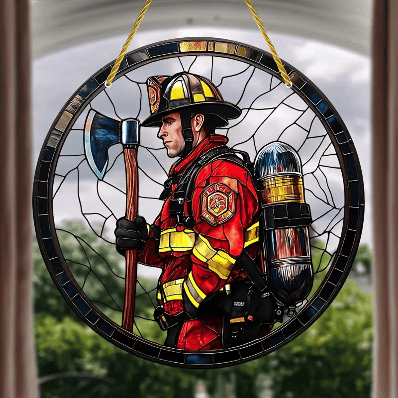Firefighter Tribute Suncatcher - Stained Acrylic Window Hanging, Circular Fireman Symbol Decor