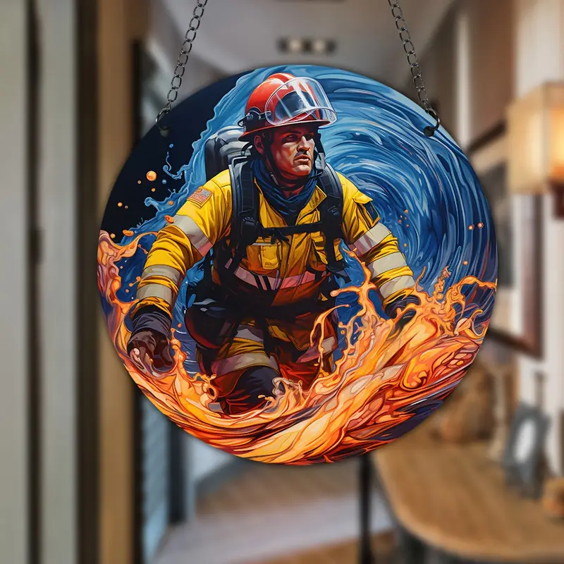 Firemen Printed Acrylic Hanging Sign, Suncatcher, Stained Window Hanging, Acrylic Holiday Decoration For Firefighter