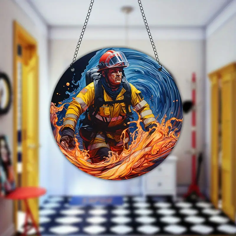 Firemen Printed Acrylic Hanging Sign, Suncatcher, Stained Window Hanging, Acrylic Holiday Decoration For Firefighter