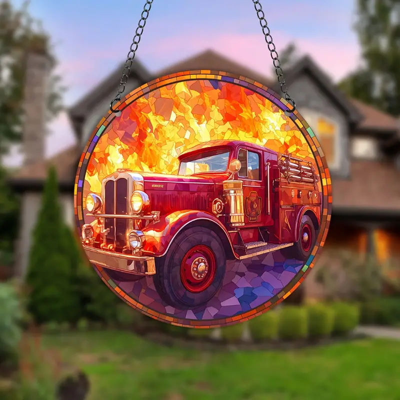Charming Fire Truck Acrylic Suncatcher Charming Fire Truck Faux Stained Glass Sun Catcher