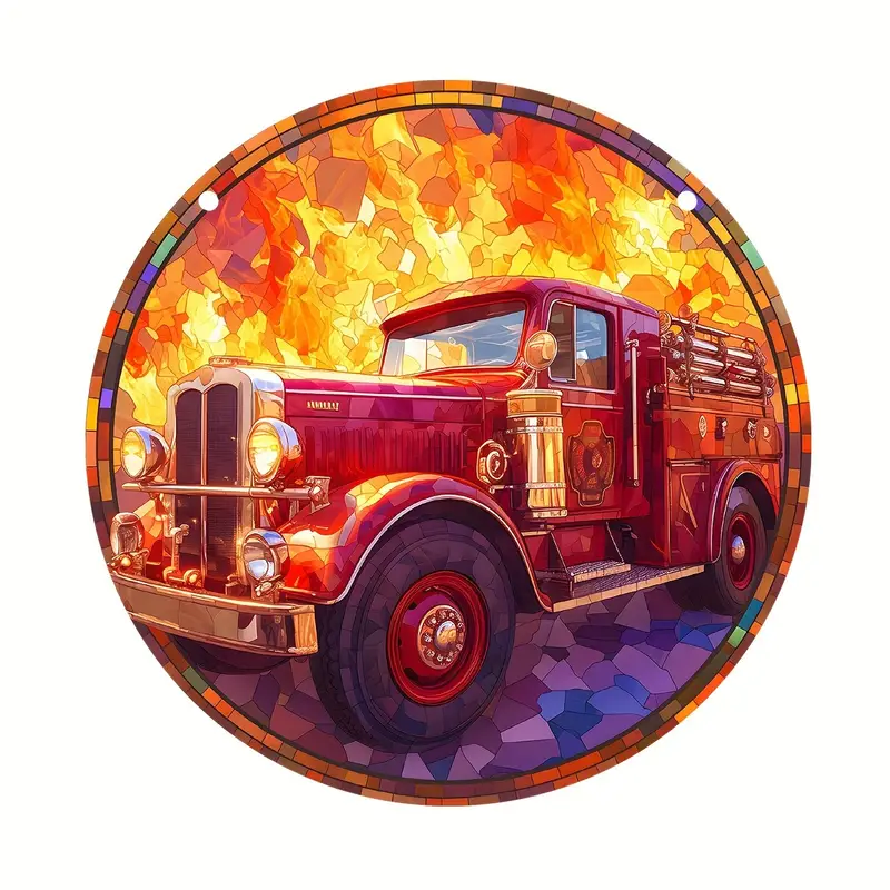 Charming Fire Truck Acrylic Suncatcher Charming Fire Truck Faux Stained Glass Sun Catcher