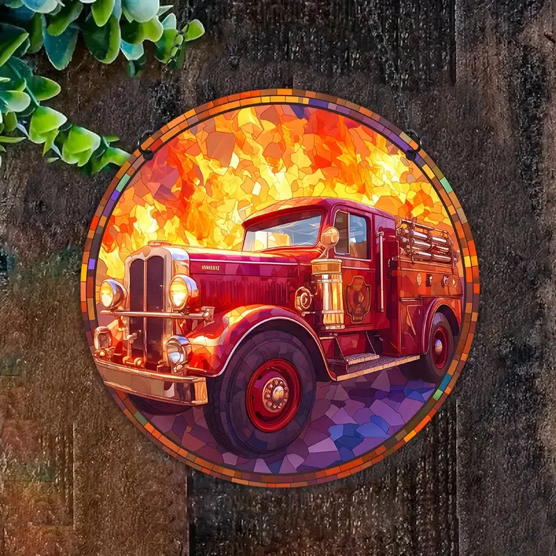 Charming Fire Truck Acrylic Suncatcher Charming Fire Truck Faux Stained Glass Sun Catcher