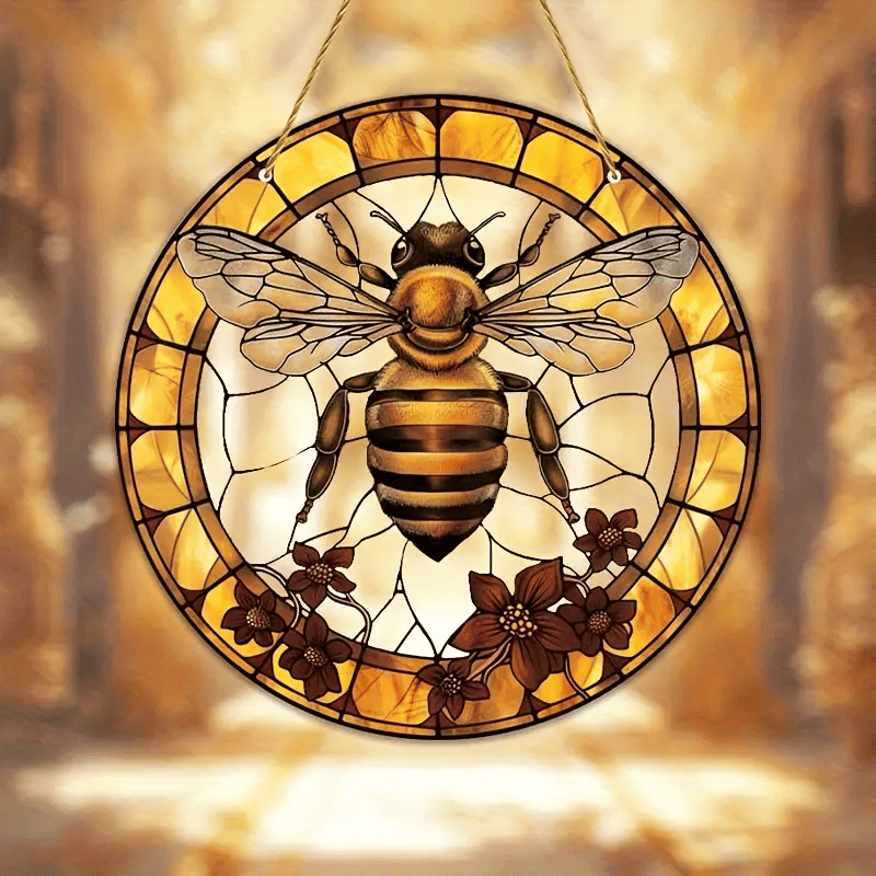 Vibrant Bees and Flowers Faux Stained Glass SunCatcher Decorative Sign Window Hanging Sign