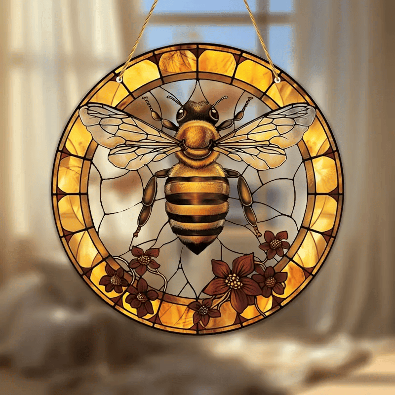 Vibrant Bees and Flowers Faux Stained Glass SunCatcher Decorative Sign Window Hanging Sign