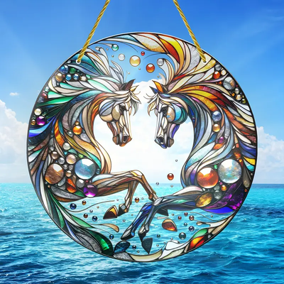 Exquisite 3D Horses Mandala Faux Stained Glass SunCatcher Sign Window Hanging Sign Animal Decoration for Home