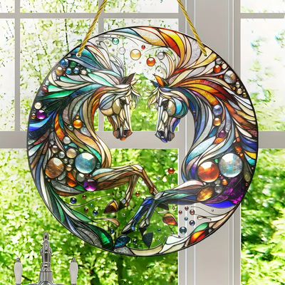 Exquisite 3D Horses Mandala Faux Stained Glass SunCatcher Sign Window Hanging Sign Animal Decoration for Home