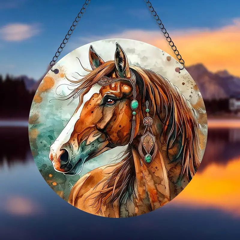 Round Dyed Acrylic Horse Faux Stained Glass SunCatcher Animal Decoration for Home