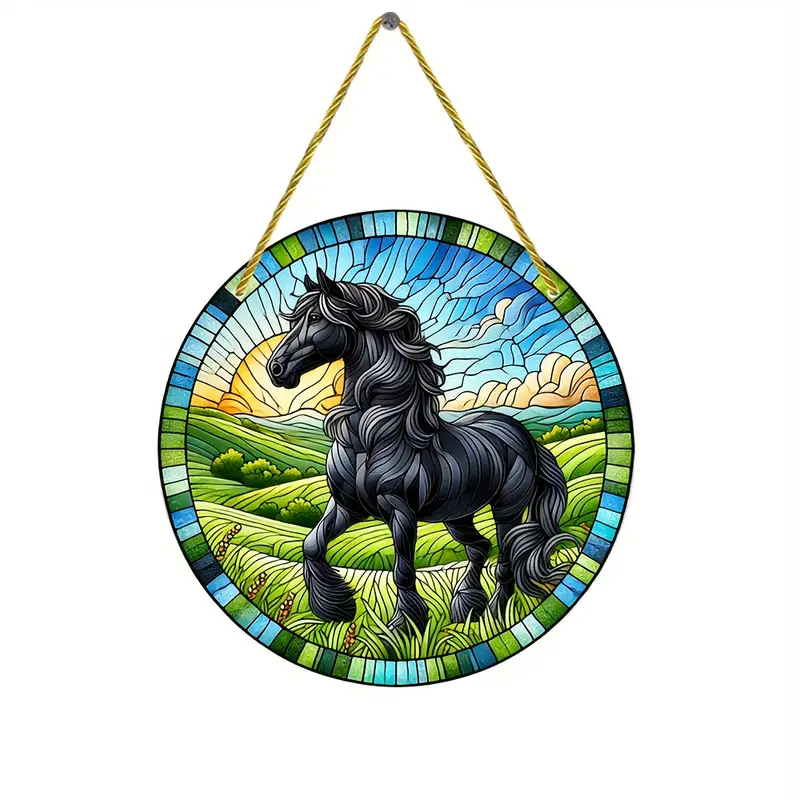 Dark Horse Suncatcher Faux Stained Glass Decorative Sign Animal Decoration for Home