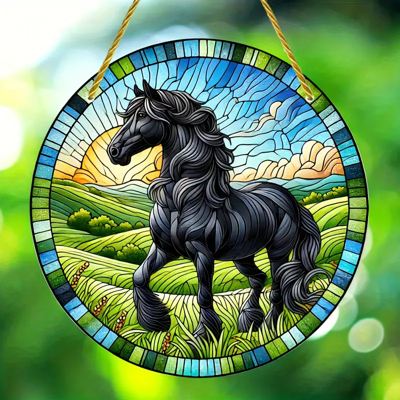 Dark Horse Suncatcher Faux Stained Glass Decorative Sign Animal Decoration for Home