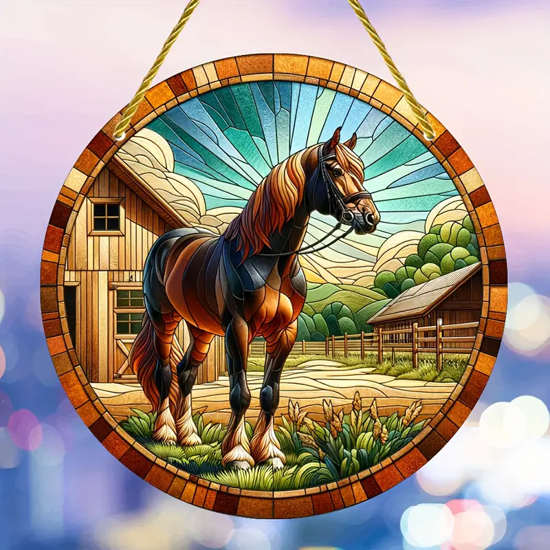 Horse in Front of Farmhouse Faux Stained Glass Suncatcher Decorative Sign Animal Decoration for Home