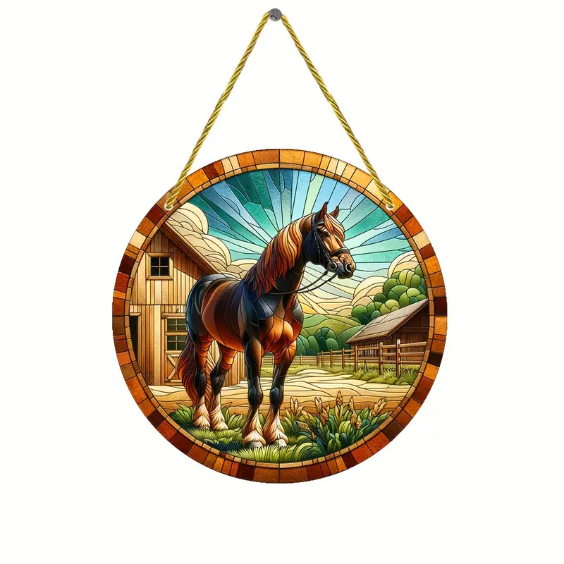 Horse in Front of Farmhouse Faux Stained Glass Suncatcher Decorative Sign Animal Decoration for Home