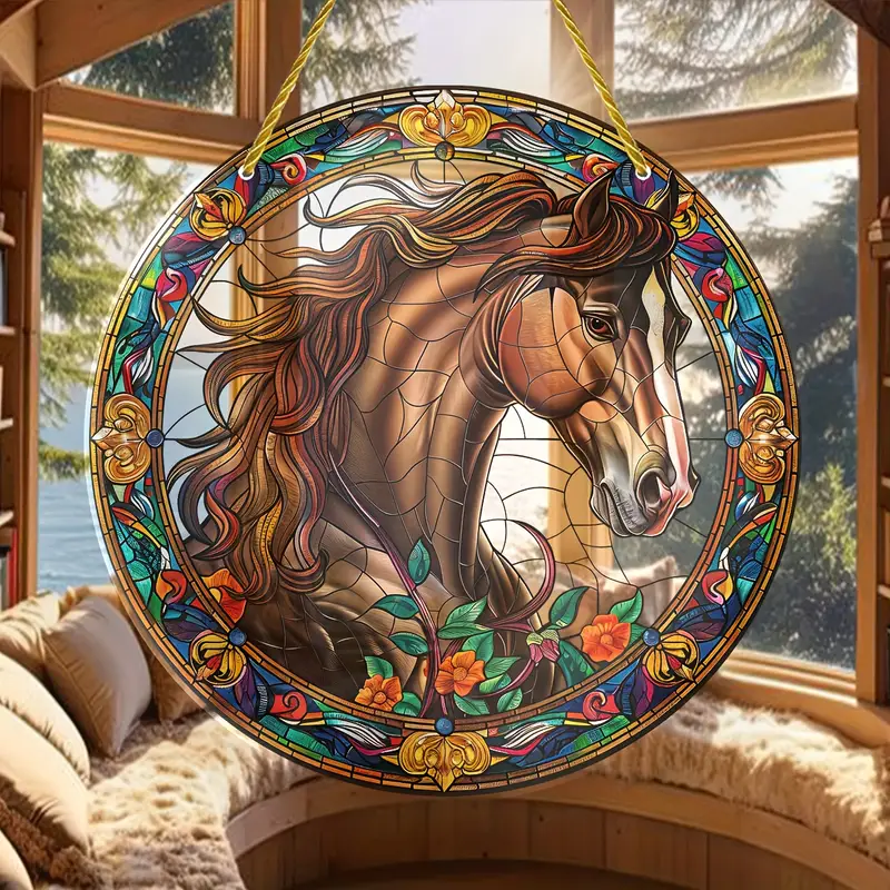 Charming Horse Faux Stained Glass Style Window Suncatcher Animal Decoration for Home