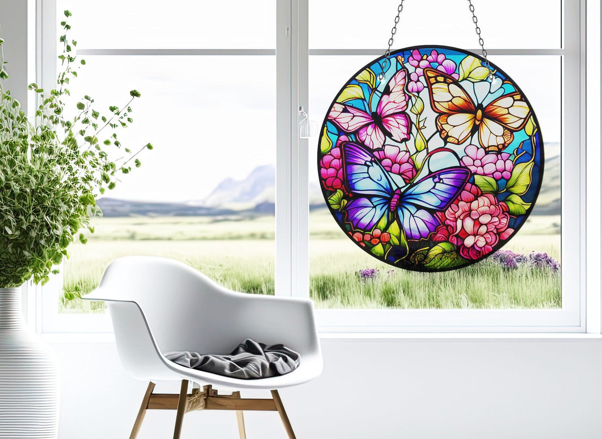 Butterflies Faux Stained Glass Suncatcher Window Hanging Home Decor Sun Catcher Gift Idea Decor