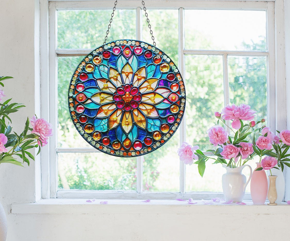 Colorful Mandala Stained  Faux Stained Glass Suncatcher Window Hanging Home Decor Sun Catcher Gift Idea