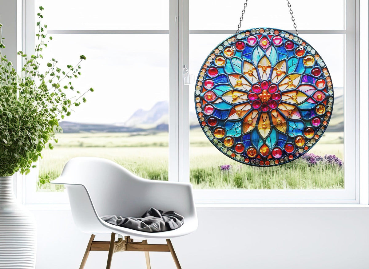 Colorful Mandala Stained  Faux Stained Glass Suncatcher Window Hanging Home Decor Sun Catcher Gift Idea
