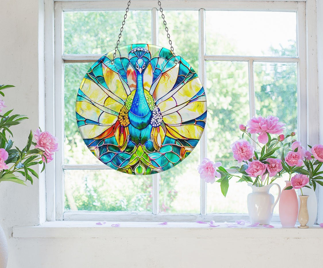 Peacock Blue Faux Stained Glass Suncatcher Window Hanging Home Decor Sun Catcher Gift Idea Decor