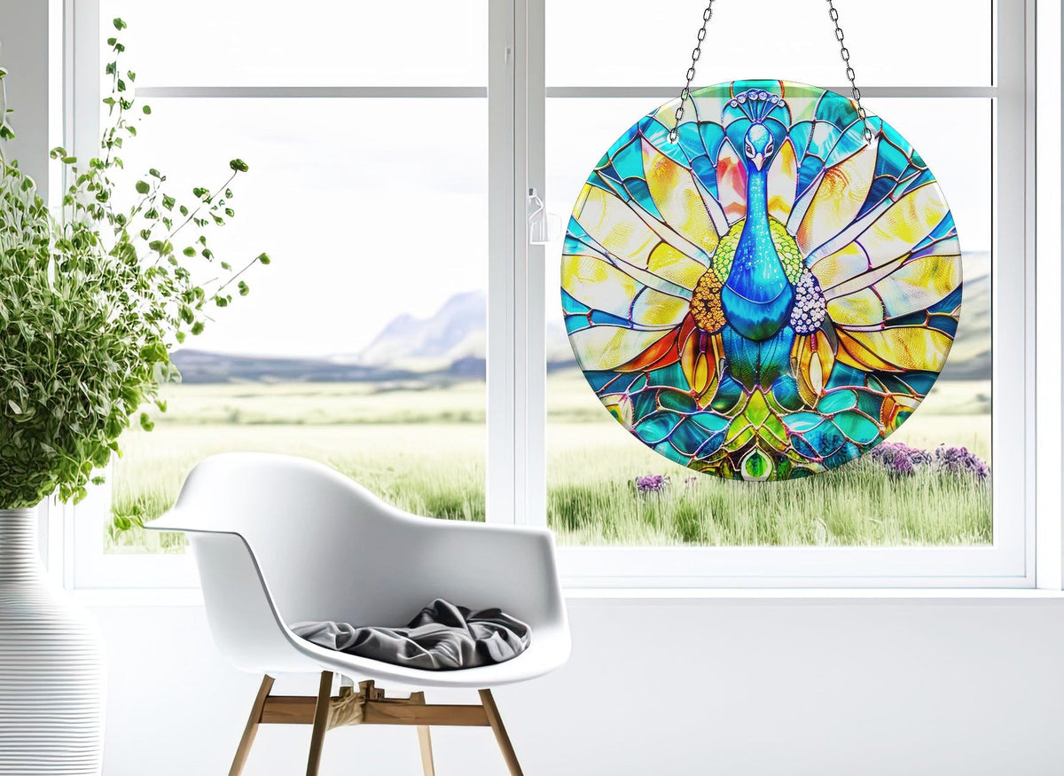 Peacock Blue Faux Stained Glass Suncatcher Window Hanging Home Decor Sun Catcher Gift Idea Decor