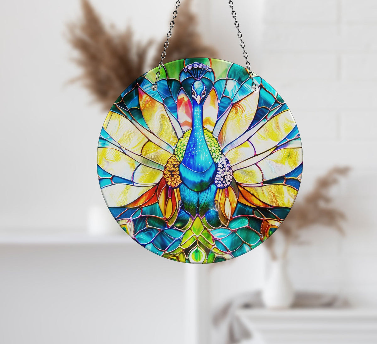 Peacock Blue Faux Stained Glass Suncatcher Window Hanging Home Decor Sun Catcher Gift Idea Decor