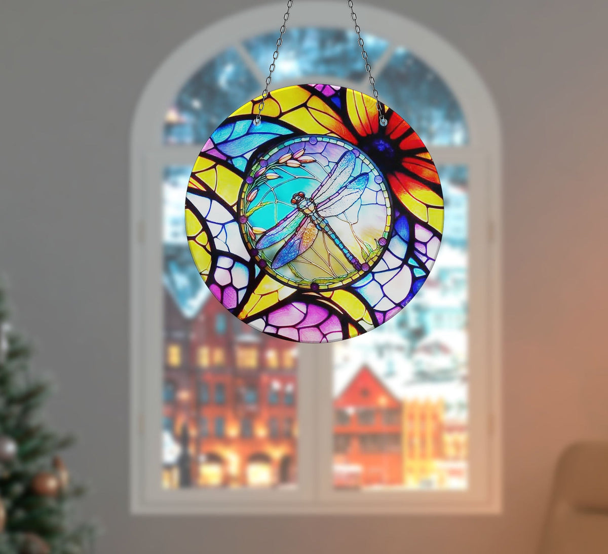Dragonfly Blue Faux Stained Glass Suncatcher Window Hanging Home Decor Sun Catcher Gift Idea