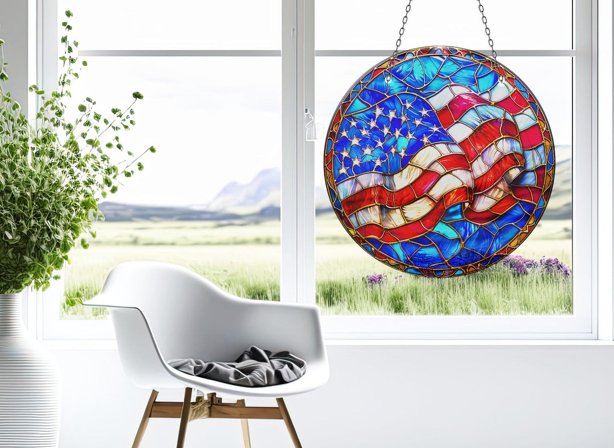 American Flag Faux Stained Glass Suncatcher Window Hanging Home Decor Sun Catcher Gift Idea