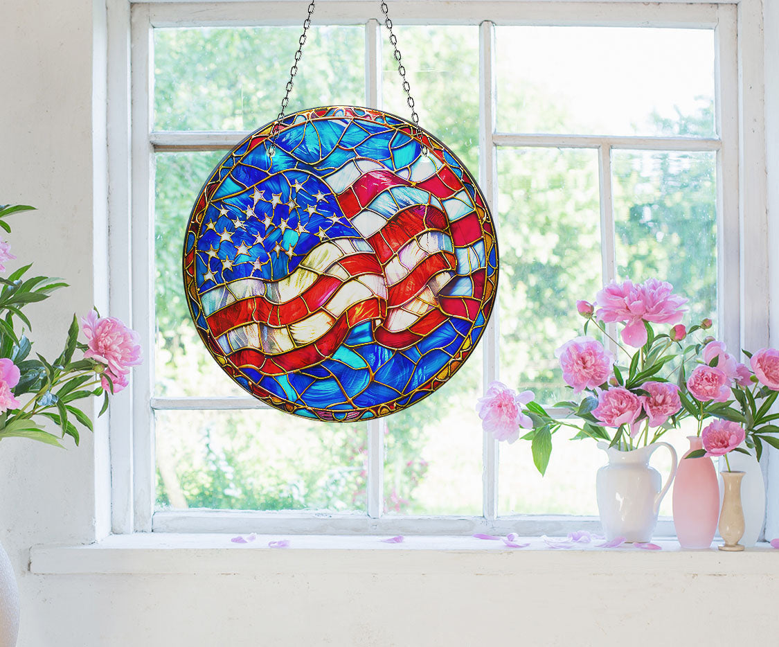 American Flag Faux Stained Glass Suncatcher Window Hanging Home Decor Sun Catcher Gift Idea