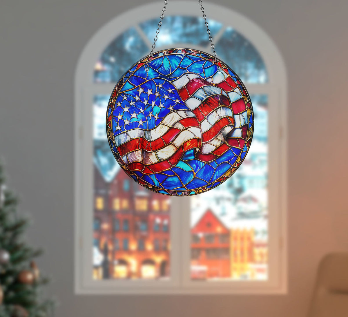 American Flag Faux Stained Glass Suncatcher Window Hanging Home Decor Sun Catcher Gift Idea