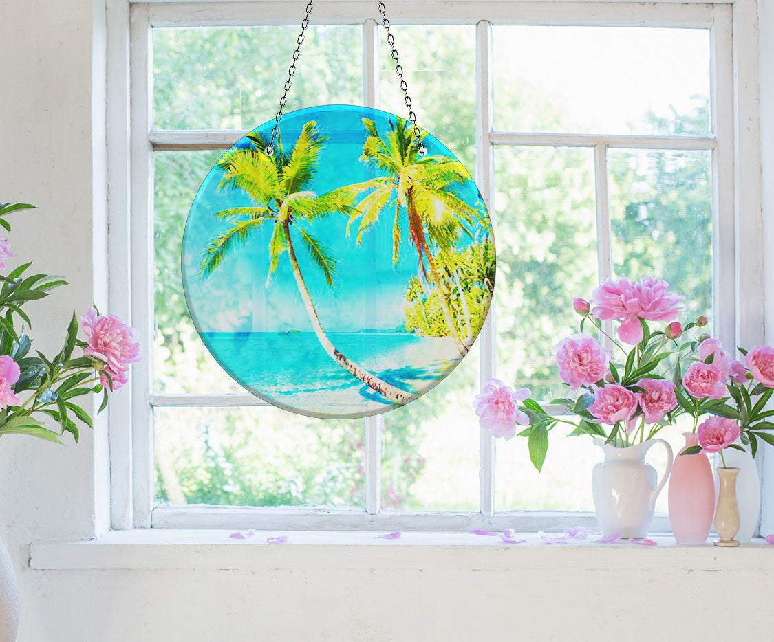 Palm Tree Tropical Faux Stained Glass Suncatcher Window Hanging Home Decor Sun Catcher Gift Idea