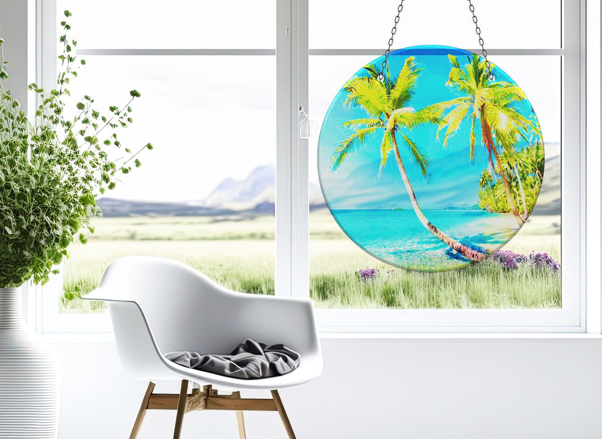 Palm Tree Tropical Faux Stained Glass Suncatcher Window Hanging Home Decor Sun Catcher Gift Idea