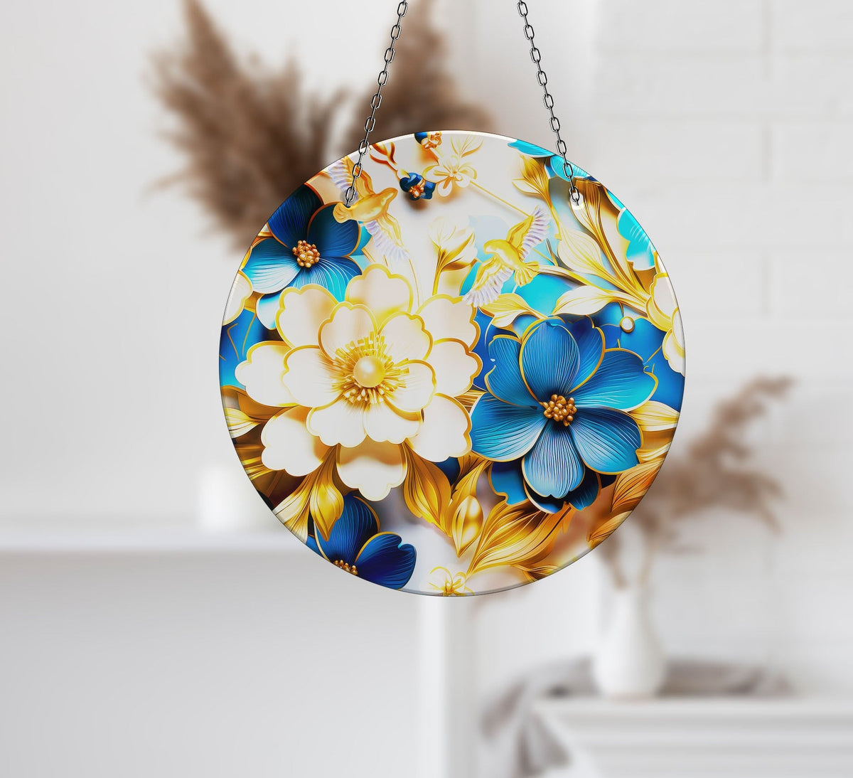 White- Blue Flowers Faux Stained Glass Suncatcher Window Hanging Home Decor Sun Catcher Gift Idea