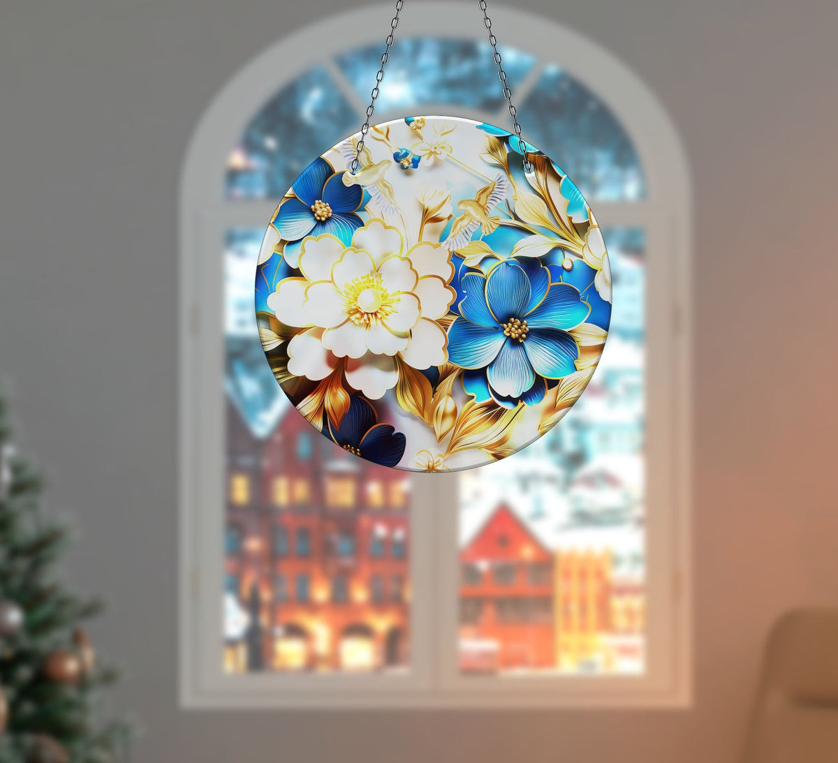 White- Blue Flowers Faux Stained Glass Suncatcher Window Hanging Home Decor Sun Catcher Gift Idea