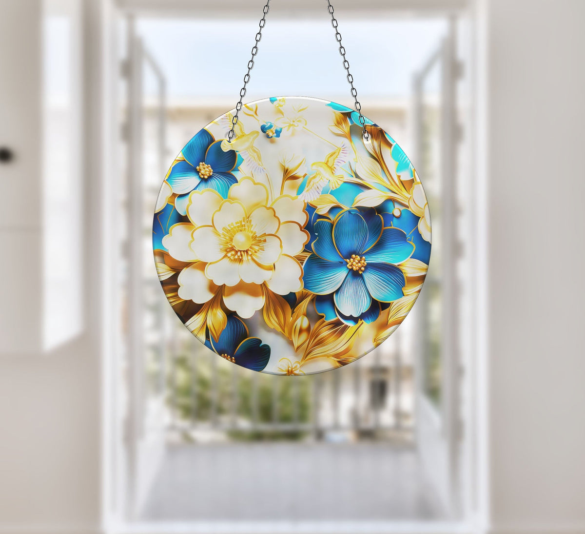 White- Blue Flowers Faux Stained Glass Suncatcher Window Hanging Home Decor Sun Catcher Gift Idea