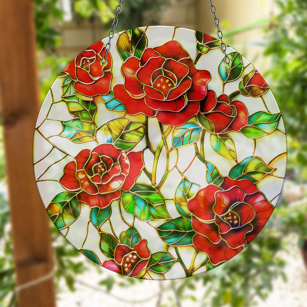 Red Roses Stained  Faux Stained Glass Suncatcher Window Hanging Home Decor Sun Catcher Gift Idea