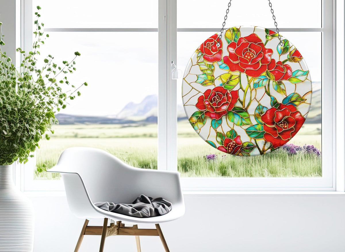 Red Roses Stained  Faux Stained Glass Suncatcher Window Hanging Home Decor Sun Catcher Gift Idea