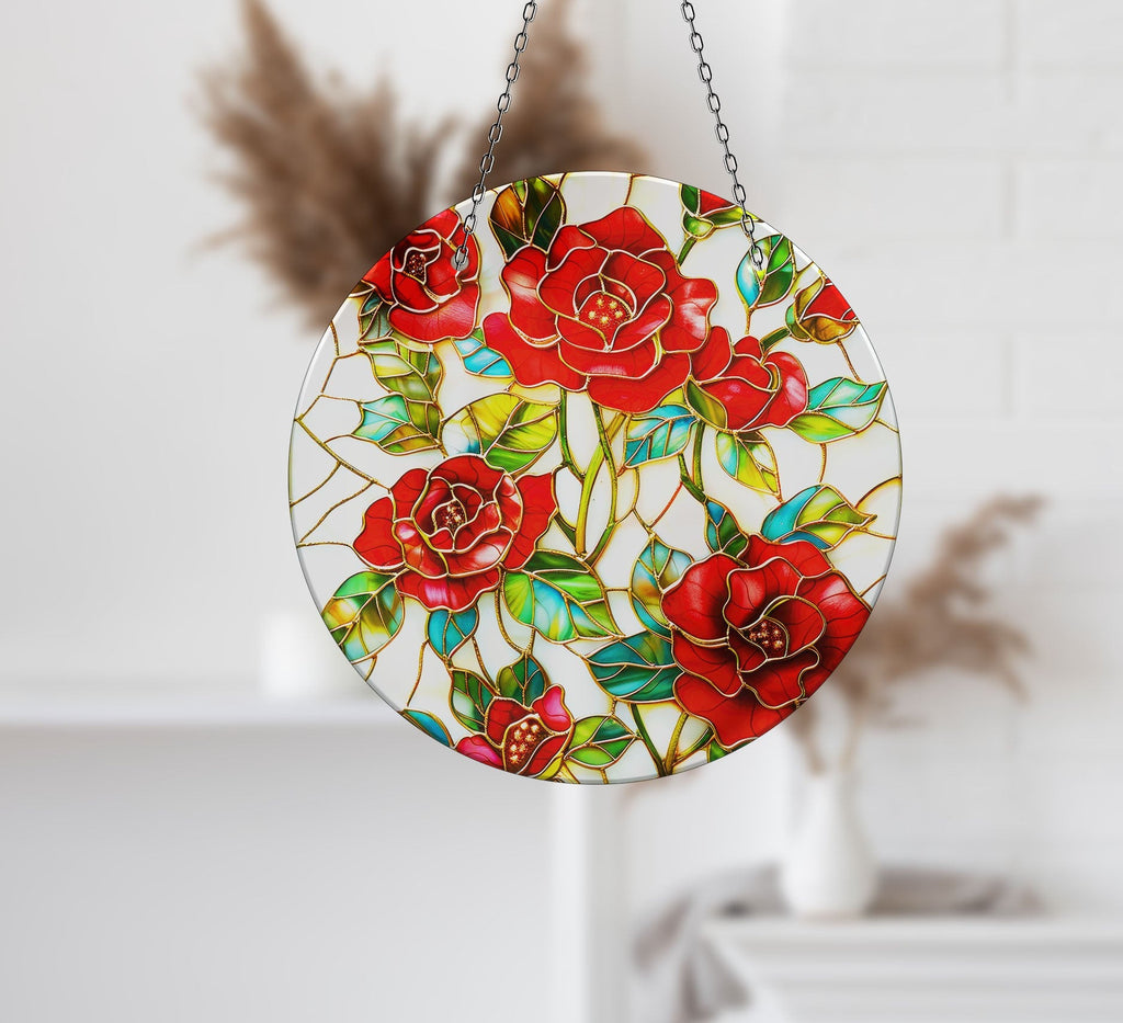 Red Roses Stained  Faux Stained Glass Suncatcher Window Hanging Home Decor Sun Catcher Gift Idea