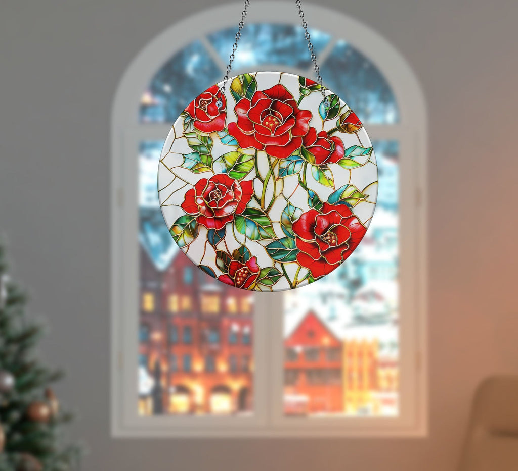 Red Roses Stained  Faux Stained Glass Suncatcher Window Hanging Home Decor Sun Catcher Gift Idea